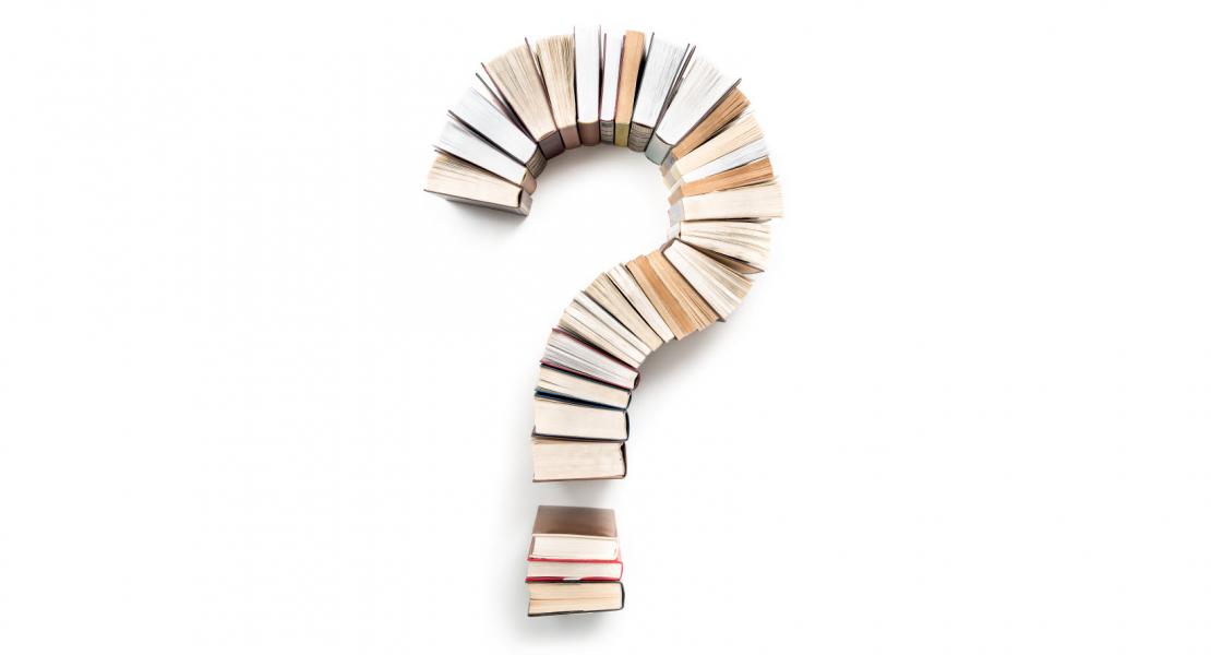 Image of a question mark constructed with books